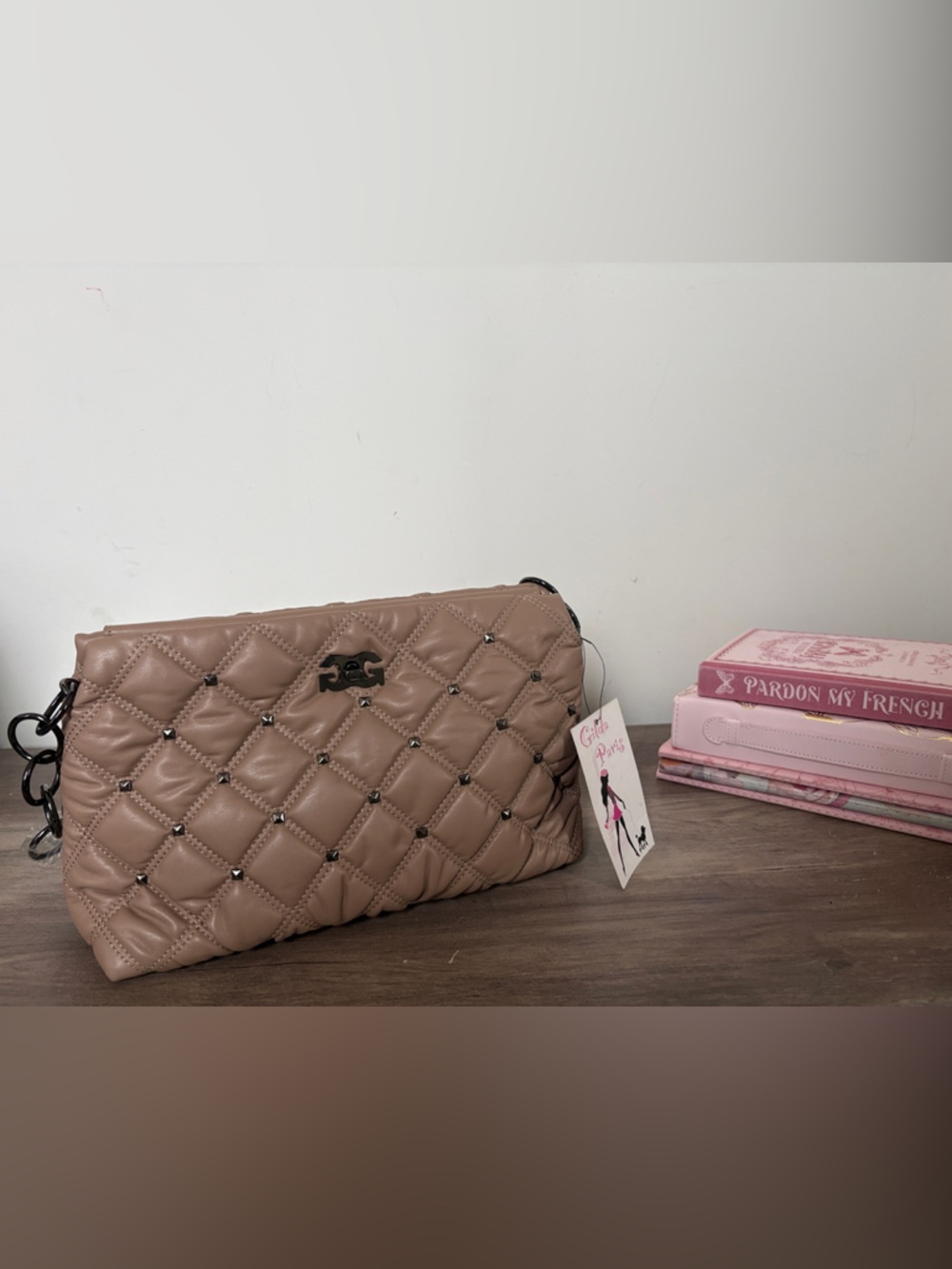 Gilda Paris Quilted Taupe Shoulder Clutch with Stud Detailing